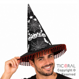 SOMBRERO BRUJA HALLOWEEN NEGRO CON FLECOS